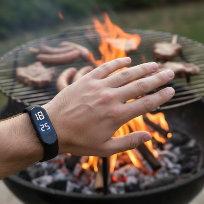 Man's Open Hand with Fitness Tracker at Braai